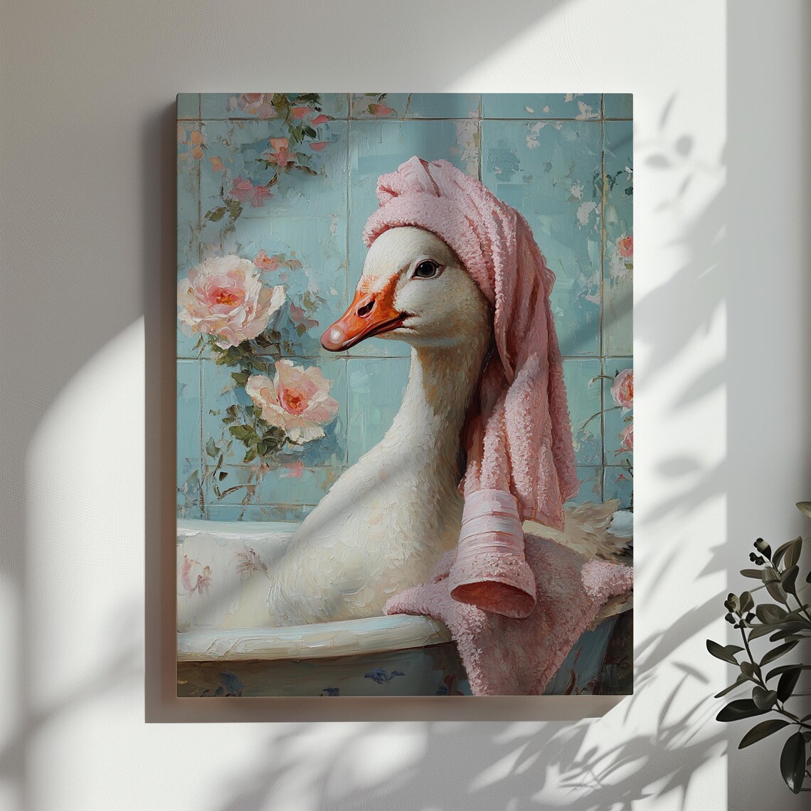 Vintage Goose in Bathtub Art Print, Floral Decor - Image 3