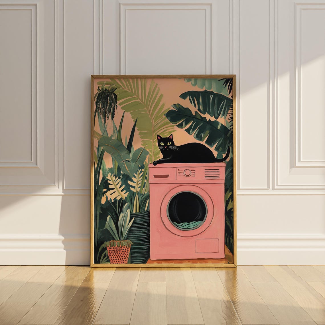 Black Cat Lounging on a Pink Washing Machine Tropical Laundry Poster - Image 3