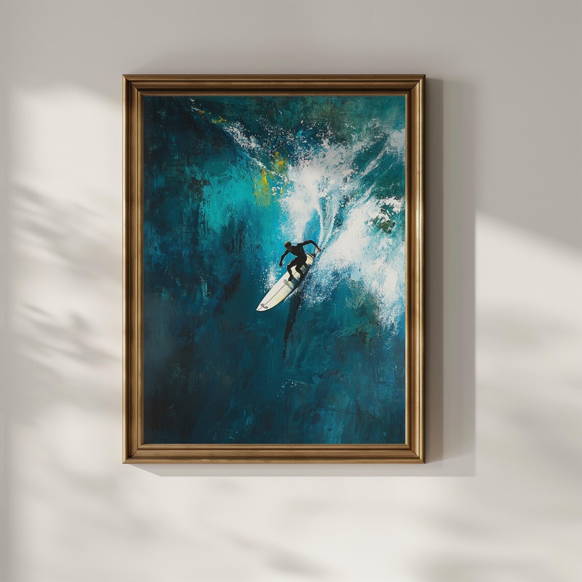 Surfer Riding Big Ocean Wave Teal Surf Art Painterly Beach Coastal Poster - Image 2