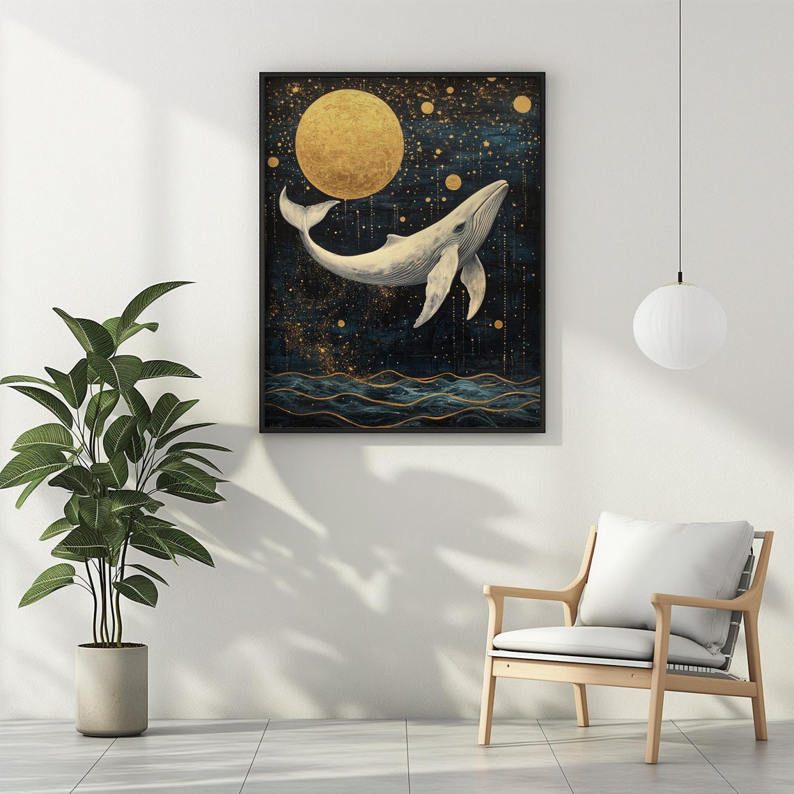 White Humpback Whale Gold Full Moon Celestial Night Ocean Art Poster - Image 2