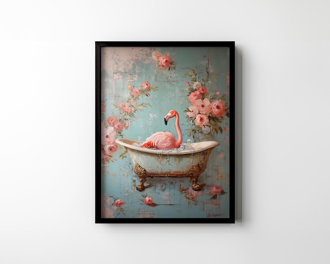 Pink Flamingo Bubble Bath in Clawfoot Tub Tropical Floral Art Poster - Image 2