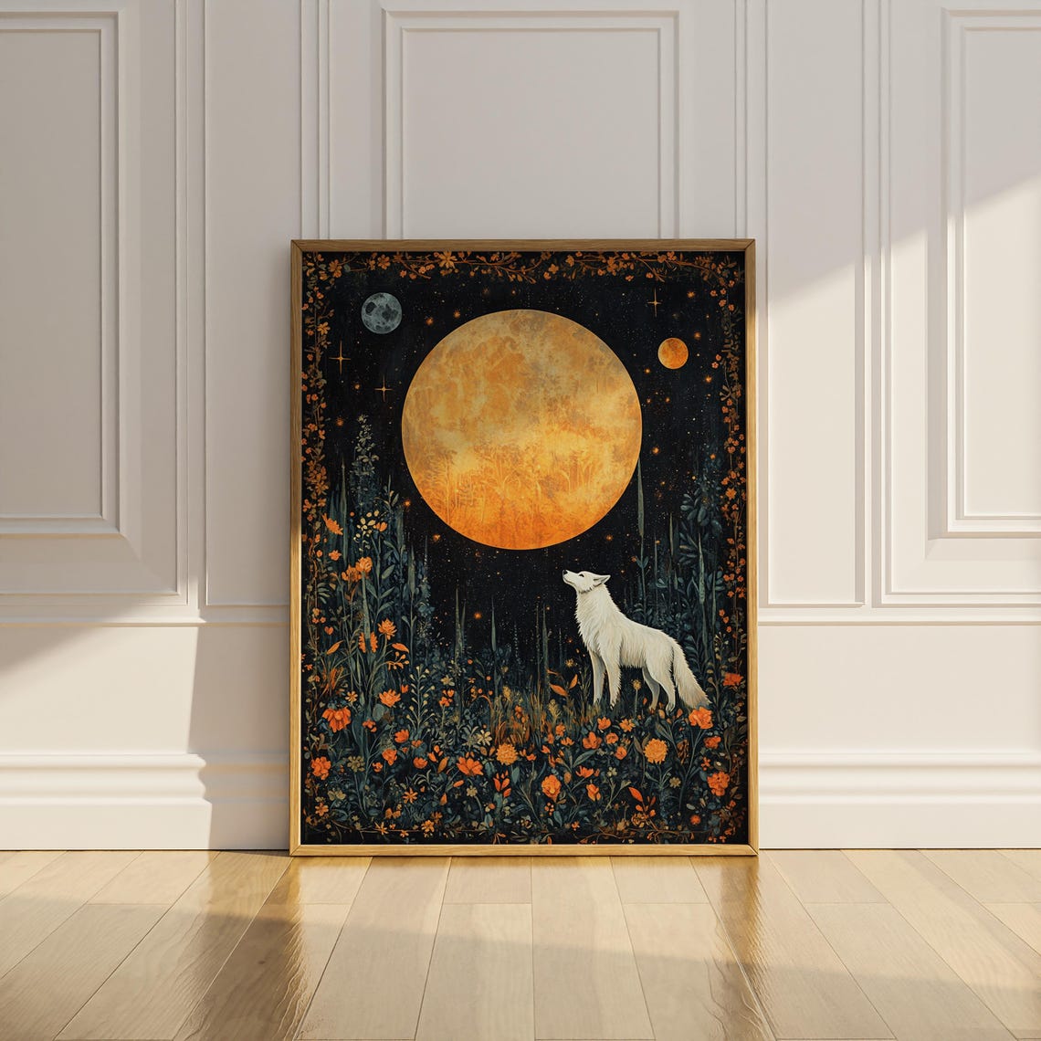 White Wolf Howling at Giant Golden Moon Starry Night Sky Art Poster - Image 3