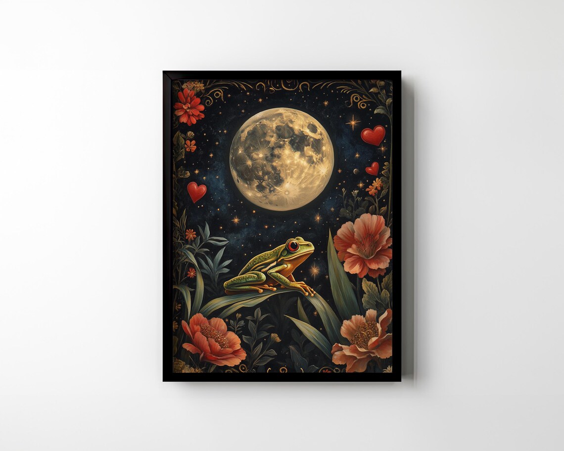 Tree Frog on Leaf under Full Moon with Hearts Whimsical Night Art Poster - Image 3