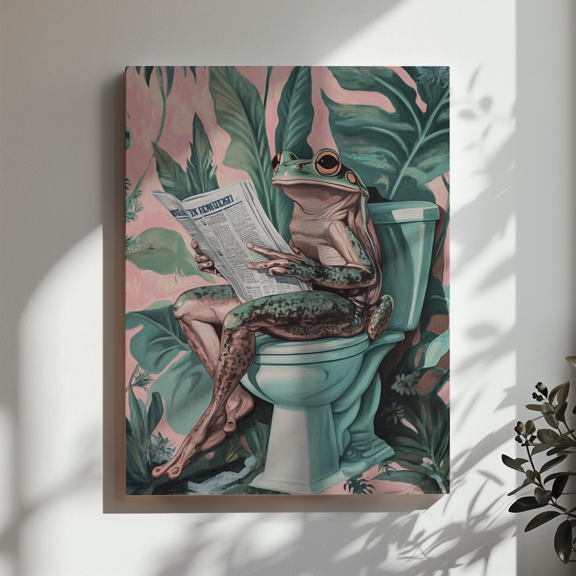 Comical Frog Reading Newspaper on Turquoise Toilet Pink Leaf Poster - Image 2