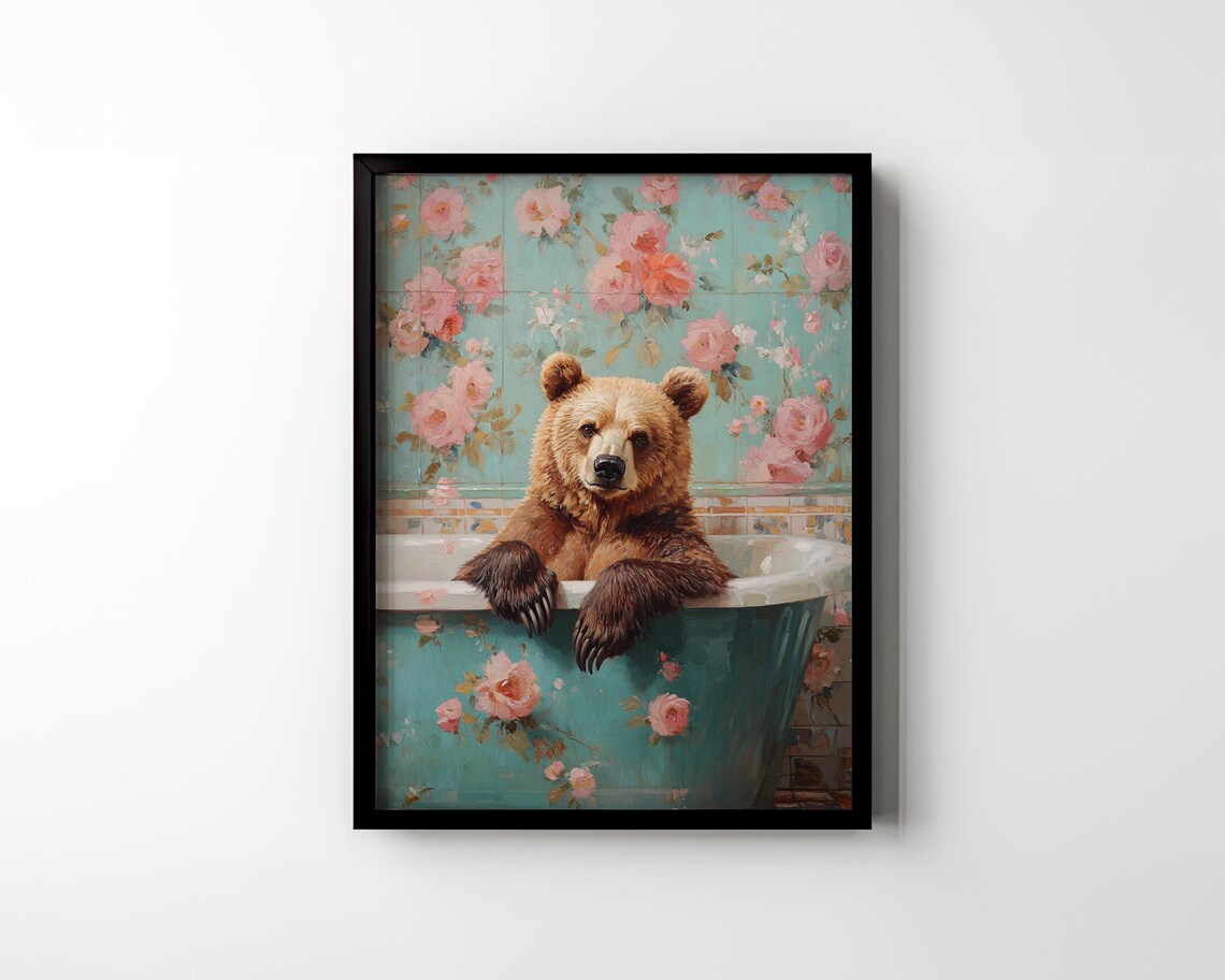 Brown Bear Soaking in Vintage Floral Bathtub Funny Bathroom Art Poster - Image 2