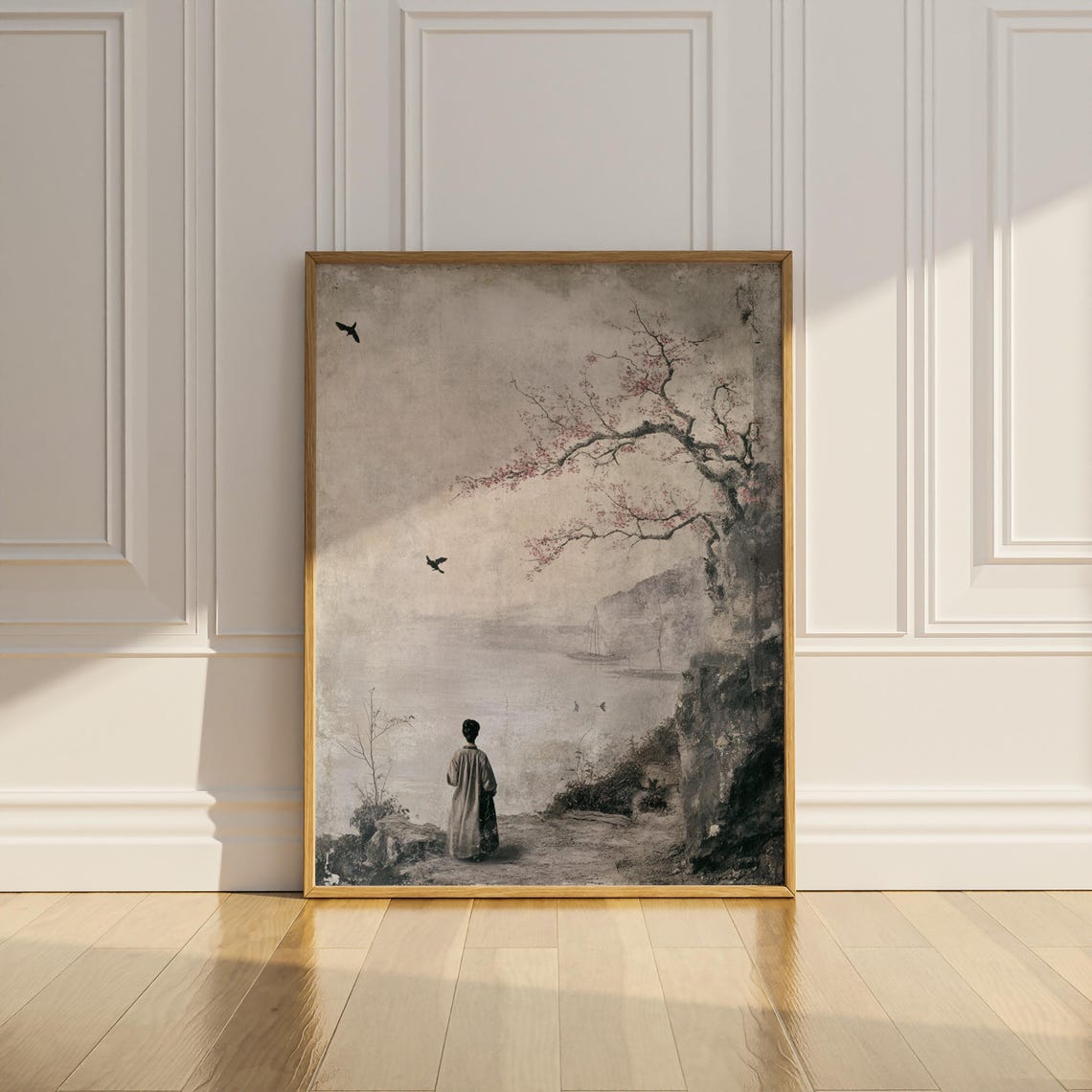 Lakeside Figure and Cherry Blossom Branch Vintage Japanese Ink Poster - Image 3