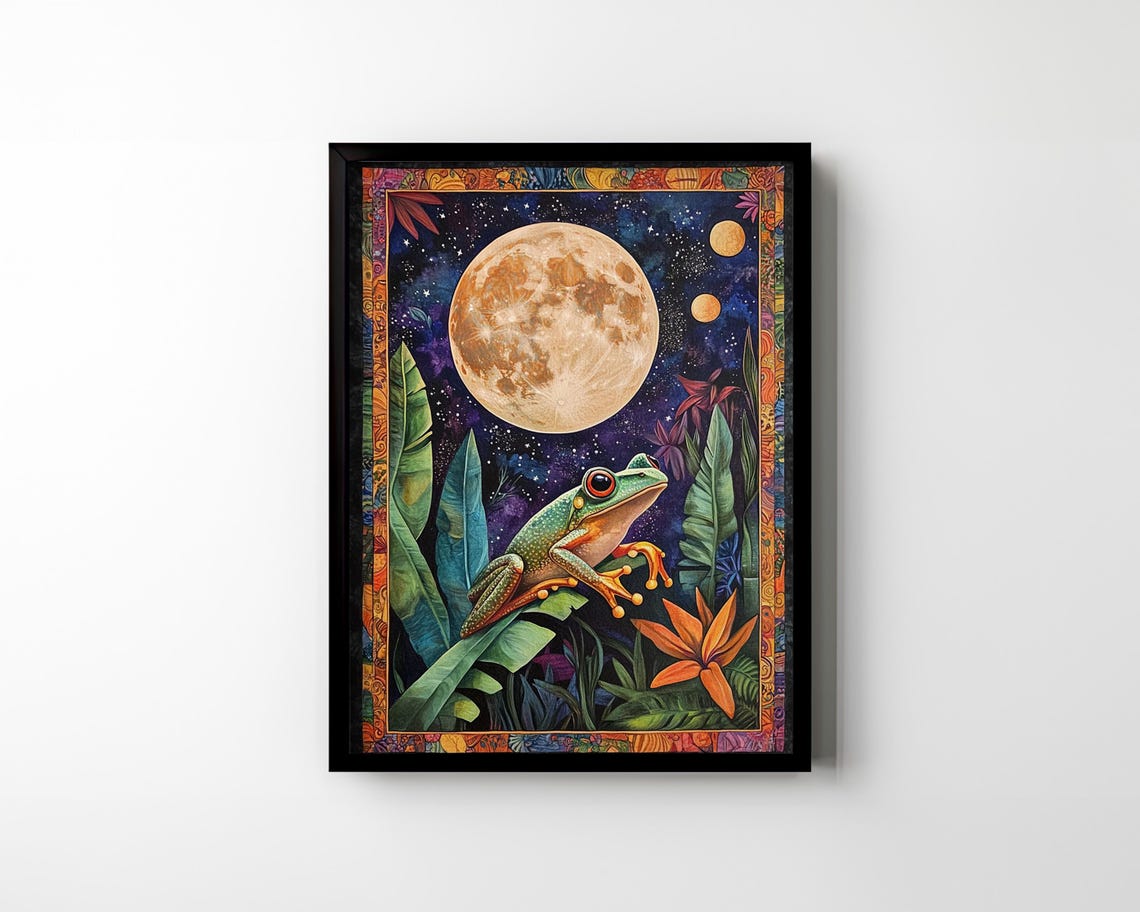 Red Eyed Tree Frog Full Moon Jungle Celestial Art Deco Animal Poster - Image 2