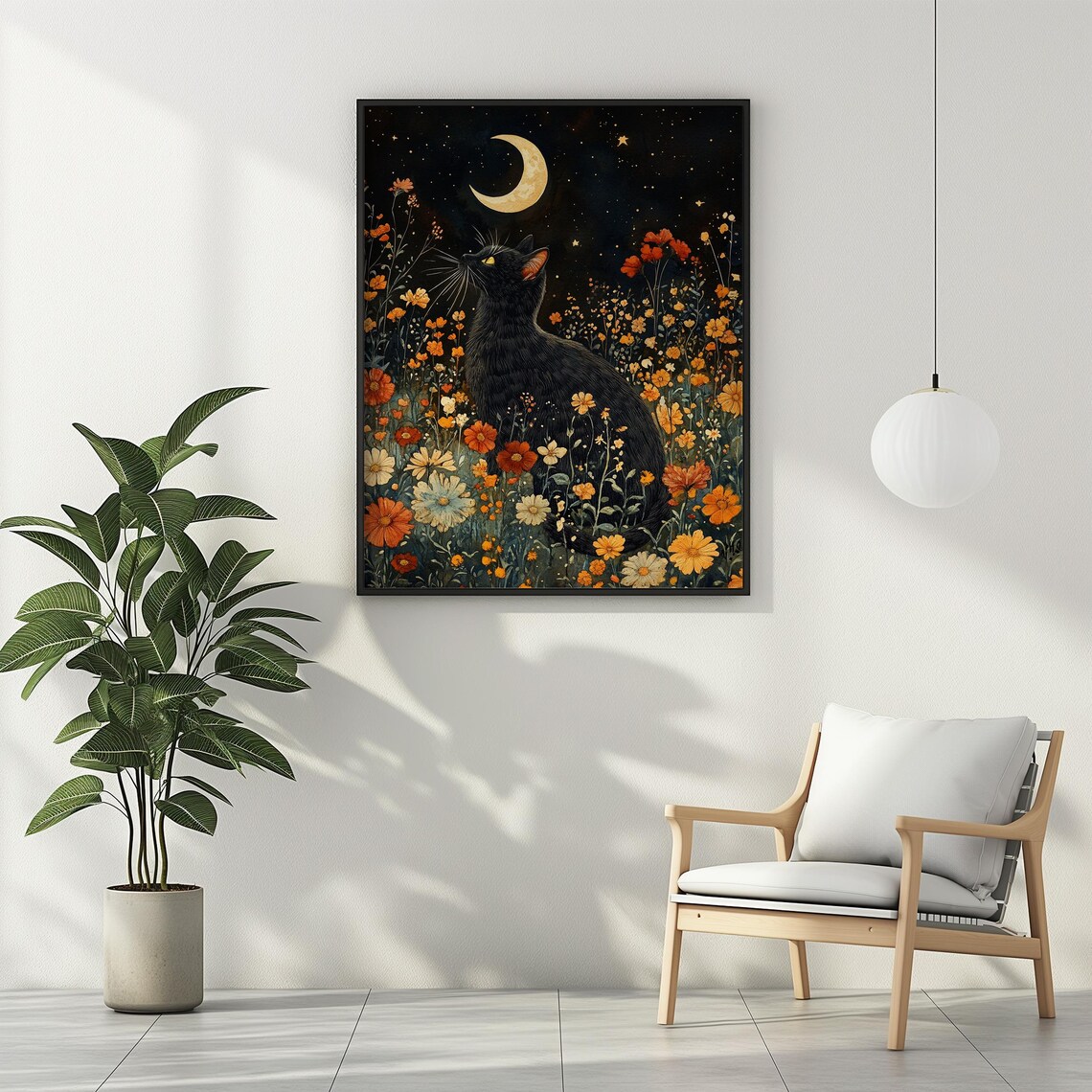 Black Cat Wildflower Crescent Moon Art Print - Image 3
