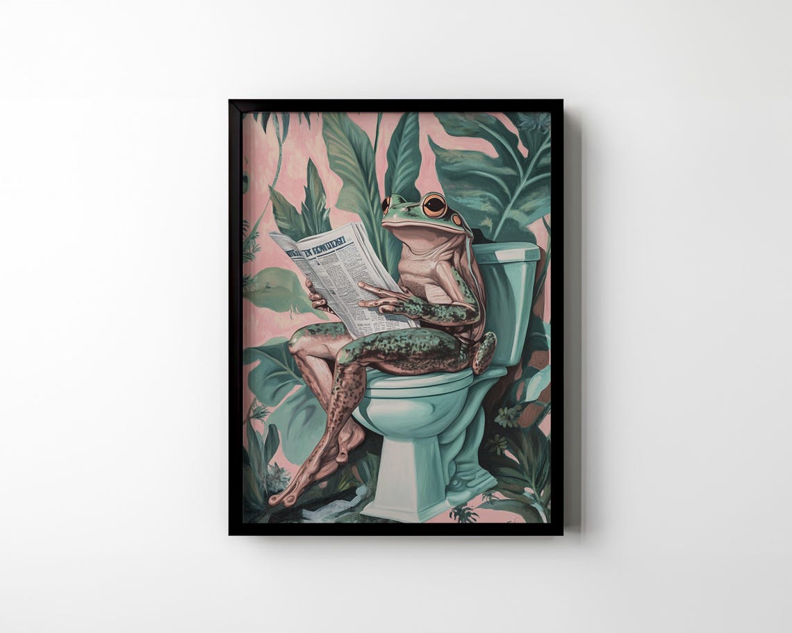 Whimsical Frog on Toilet With Newspaper Pastel Tropical Wall Poster - Image 3