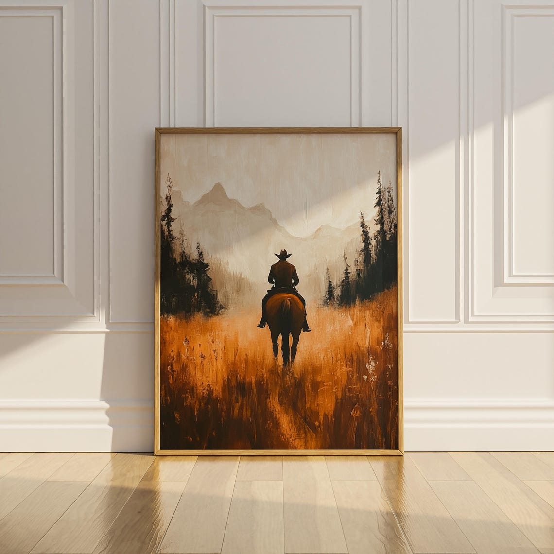 Cowboy on Horseback Riding Into Golden Fields Mountain Wall Art - Image 3