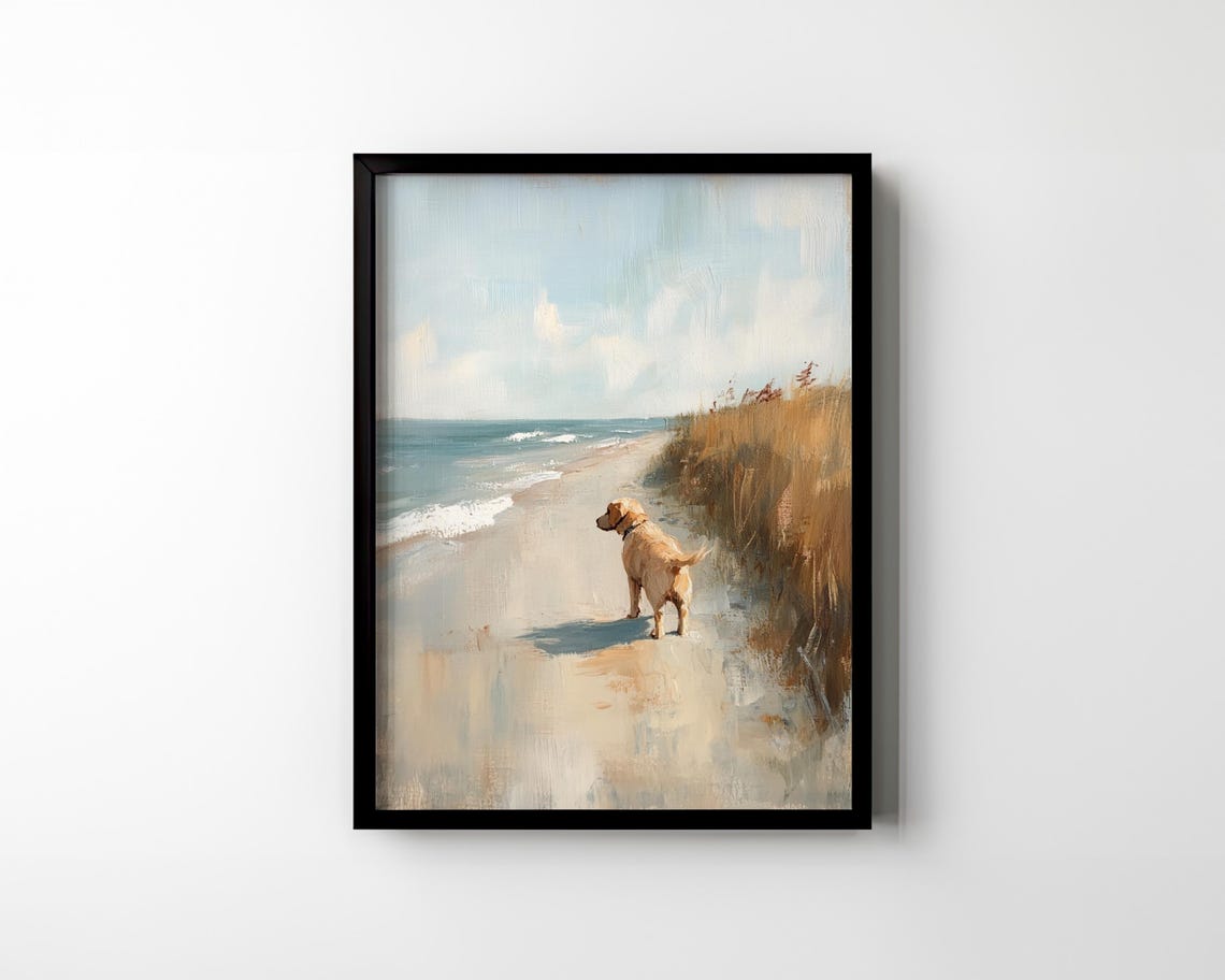Golden Retriever Dog On Beach Dunes Coastal Watercolor Wall Art - Image 2
