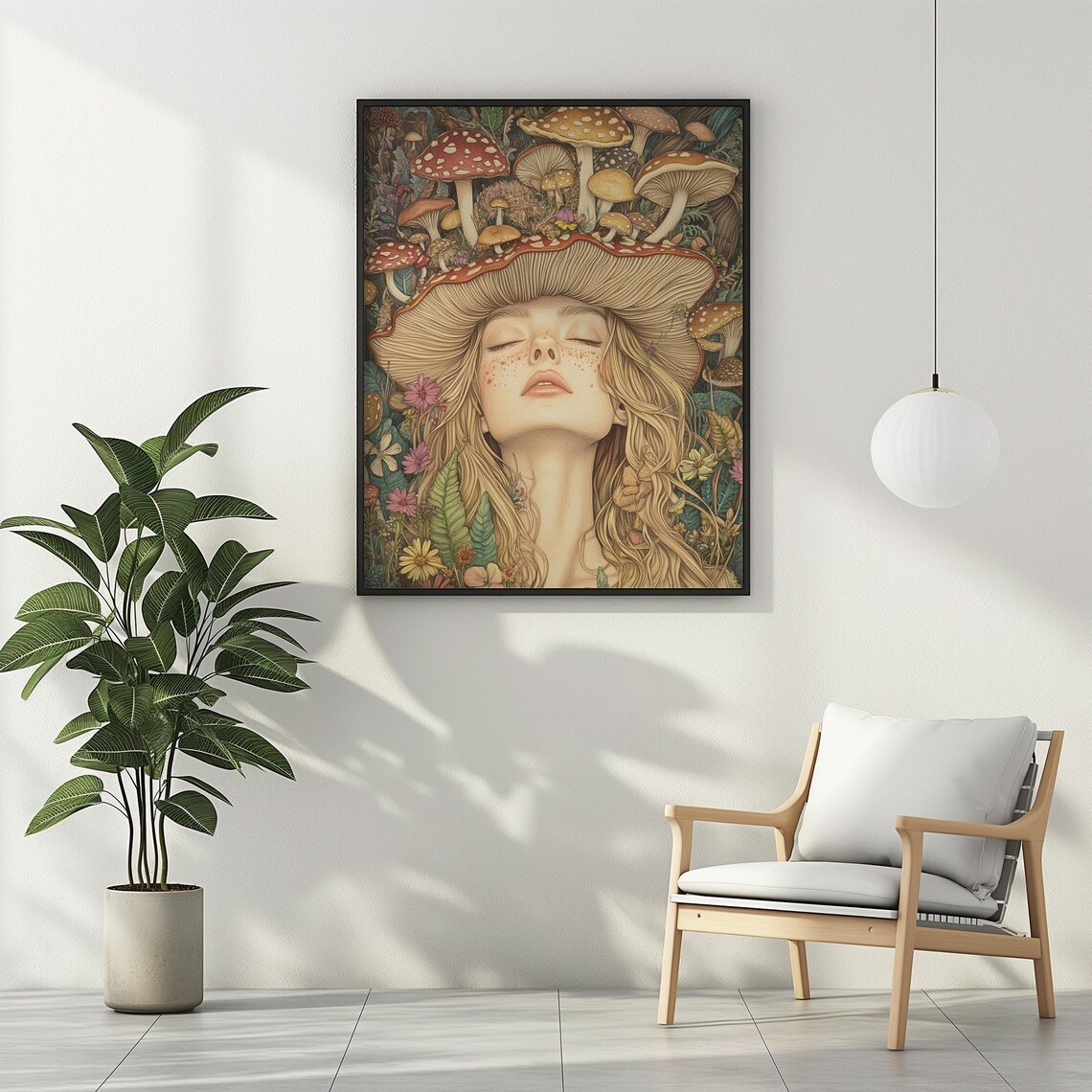 Mushroom Girl Eyes Closed Colorful Mushroom Crown Whimsical Art Poster - Image 2