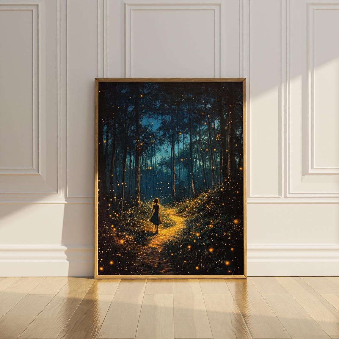 Girl Silhouette Firefly Path Dark Forest Night Enchanted Art Print - Image 2