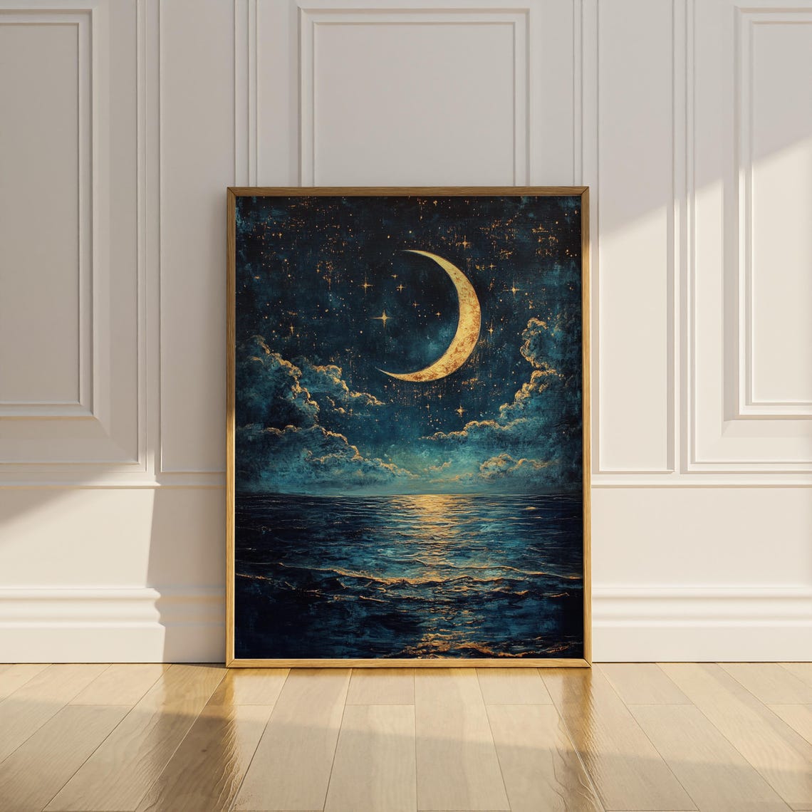 Gold Crescent Moon Over Night Ocean Starry Sky Seascape Wall Art - Image 3