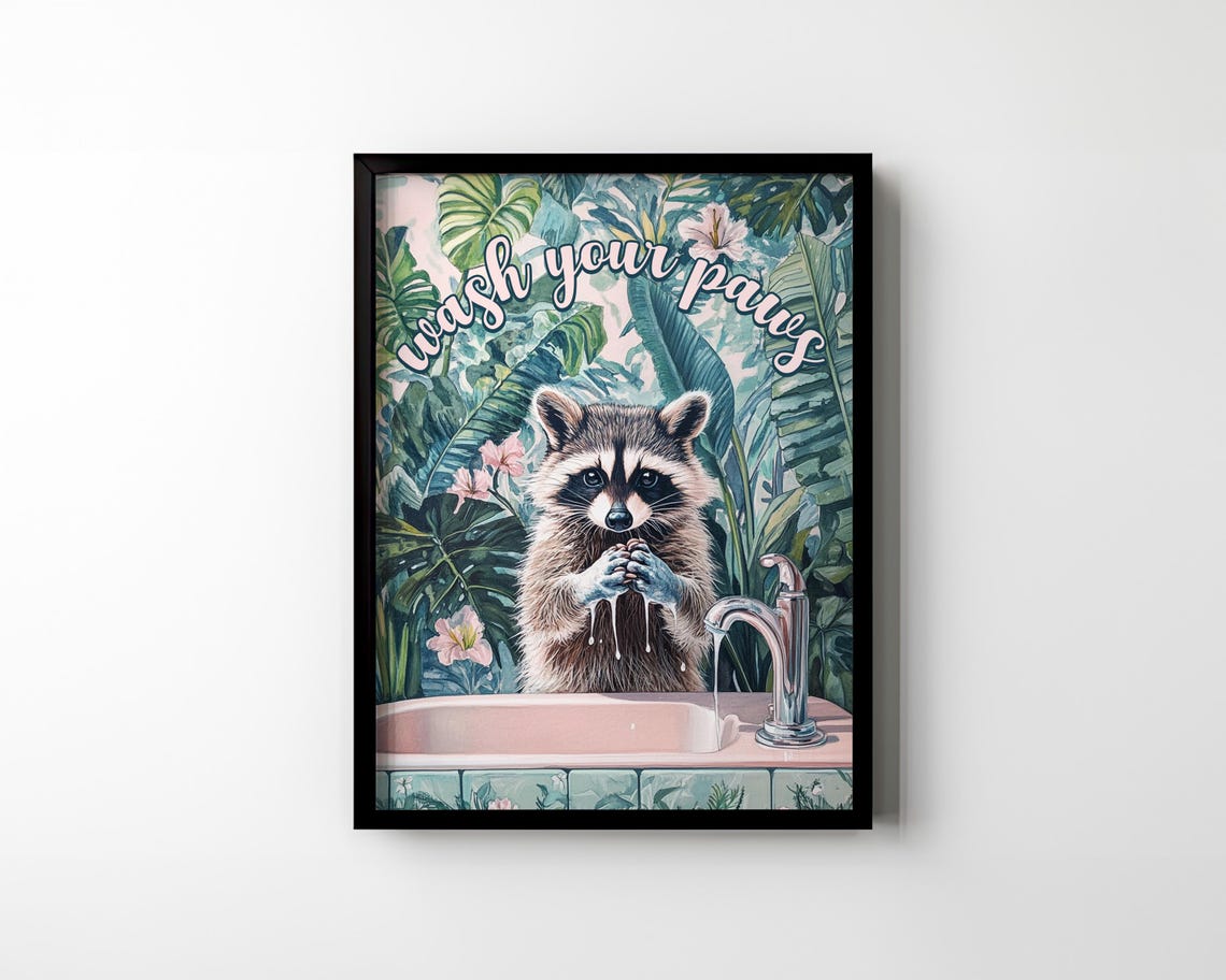 Wash Your Paws Script Raccoon Washing Up Pink Bathroom Poster - Image 3