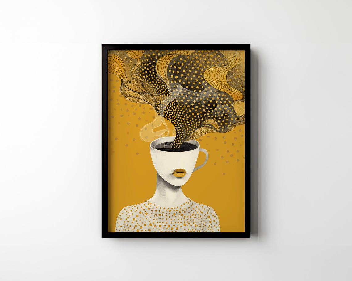Surreal Coffee Cup Woman Head Golden Steam Mustard Art Poster - Image 2