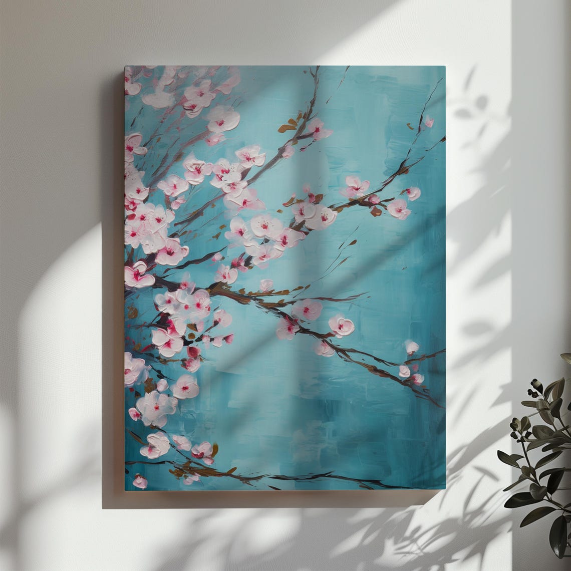 Pink Cherry Blossom Branches Teal Painted Floral Japandi Poster