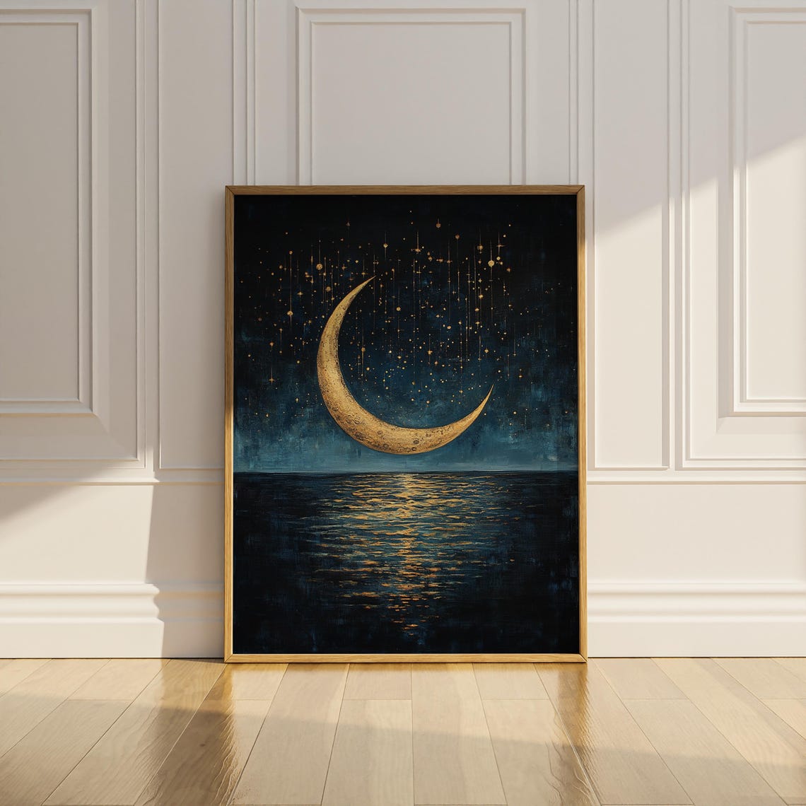 Golden Crescent Moon with Falling Stars Over Dark Ocean Poster - Image 2