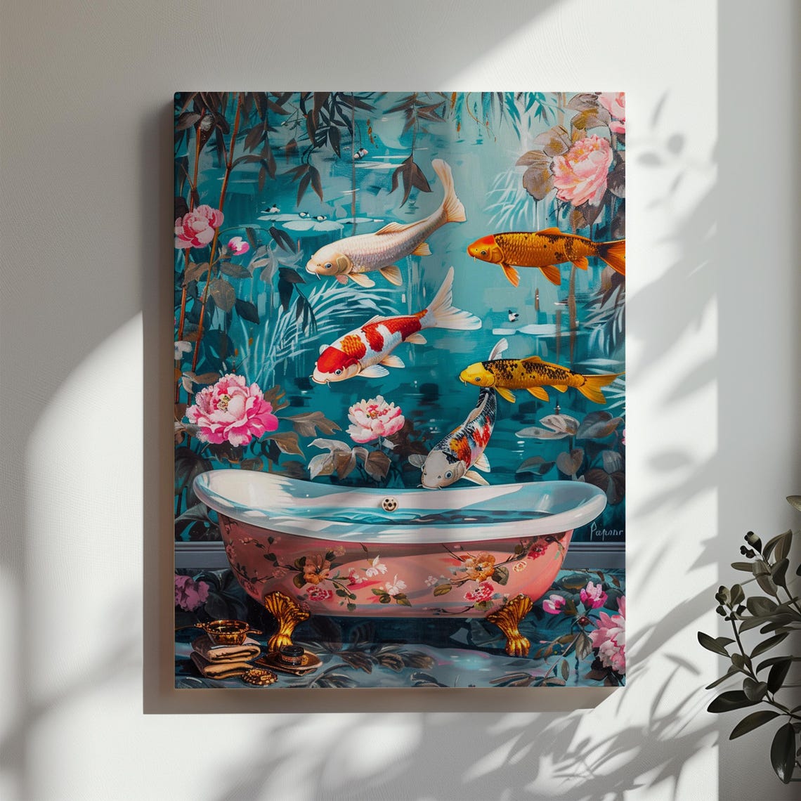 Koi Fish Leaping Toward a Pink Floral Bathtub Japanese Bathroom Poster - Image 2