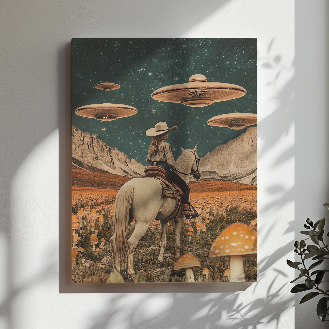 Cowgirl On Horseback UFO Mushroom Field Surreal Desert Collage Poster - Image 2