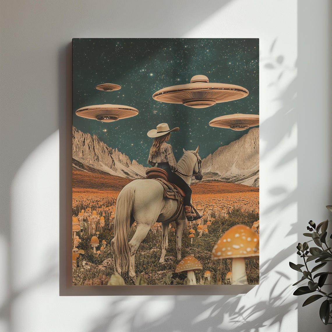 Cowgirl Riding Horse Vintage Collage Wall Art Mushroom Ufo Trippy Surrealism Wall Decor Painting Western Pothead Poster - Image 2