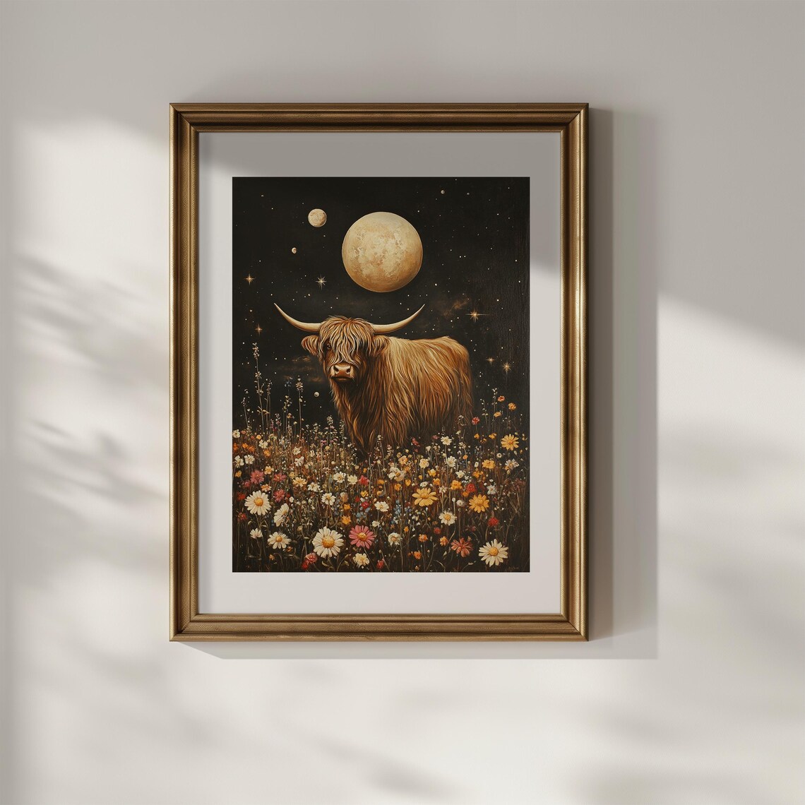 Highland Cow Under the Moon in Wildflower Meadow Night Sky Poster - Image 2