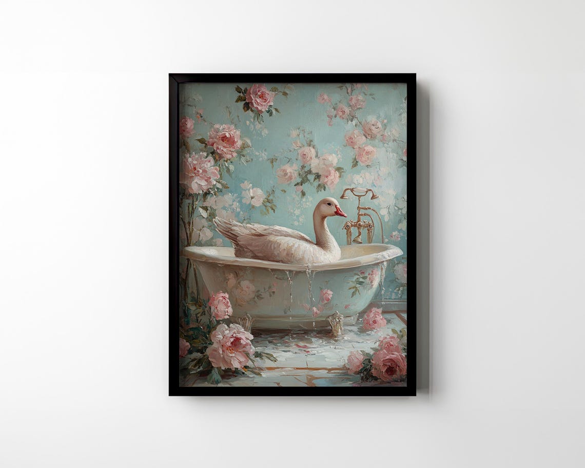 White Goose in Overflowing Clawfoot Bathtub Roses Art Poster - Image 2