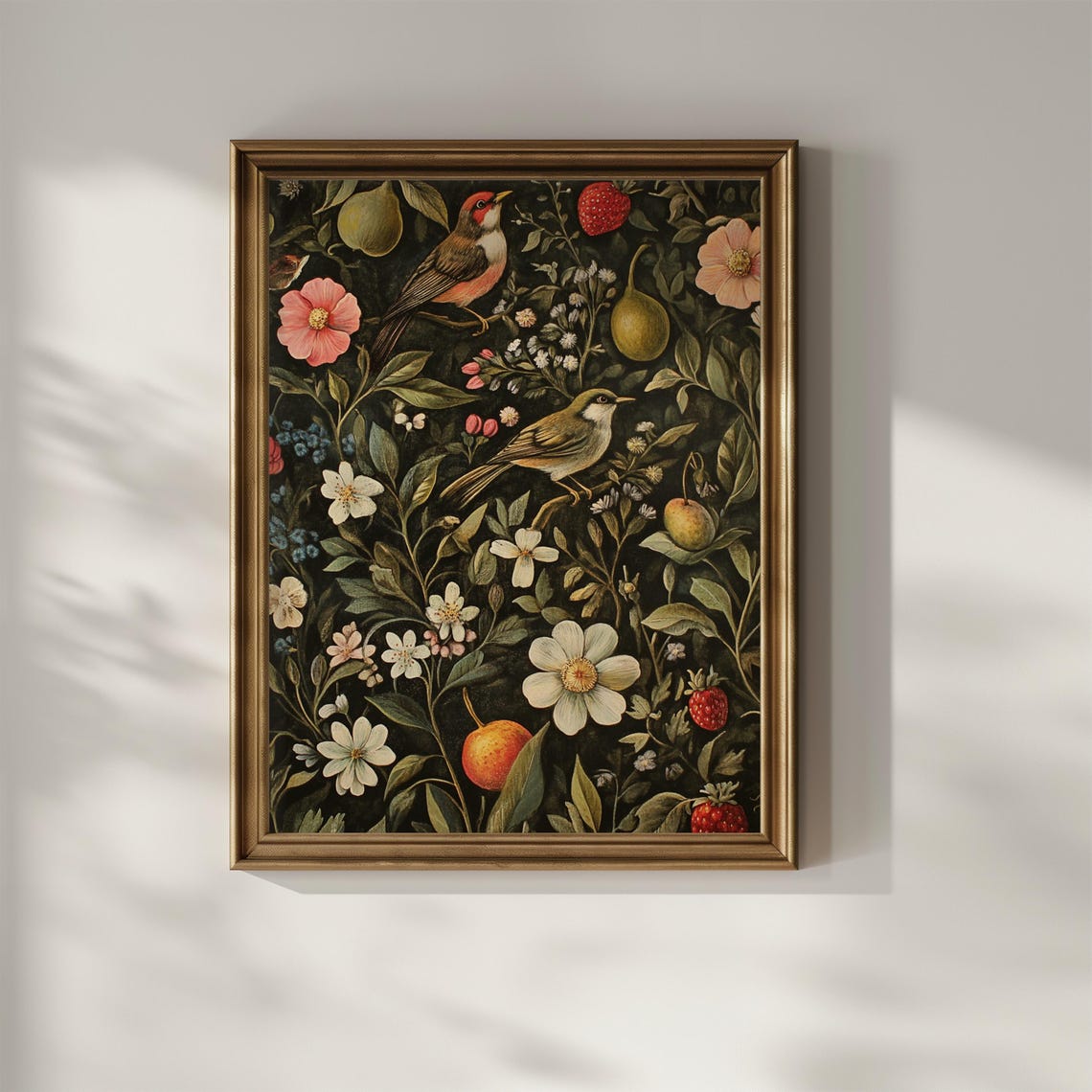 Songbirds Fruit and Wildflowers Dark Vintage Botanical Art Poster - Image 2