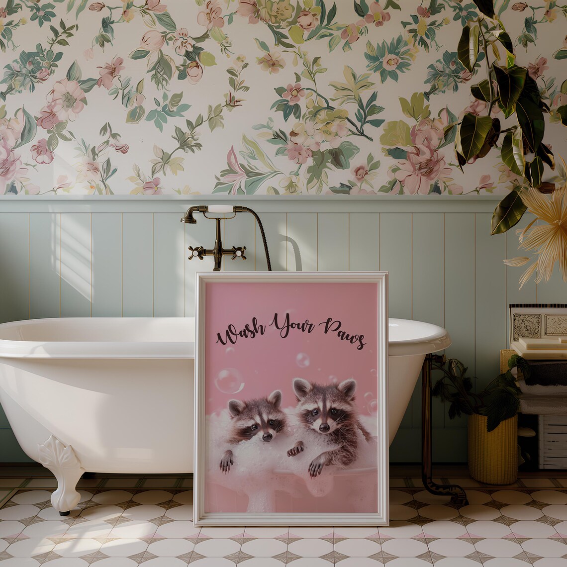 Wash Your Paws Cute Raccoons Bubble Bath Pink Bathroom Poster - Image 3