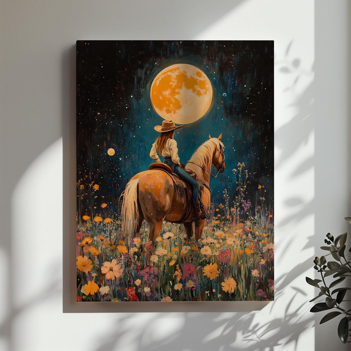Cowgirl Riding Horse In A Field Of Wildflowers Celestial Wall Art Moon Wall Decor Boho Art Deco Oil Painting Western Poster - Image 3