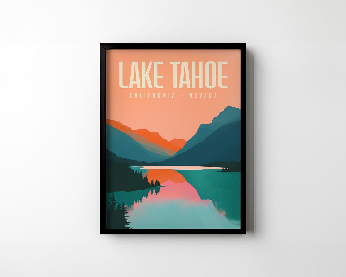 Vintage Lake Tahoe Travel Poster California Nevada Sunset Lake Art - Image 2