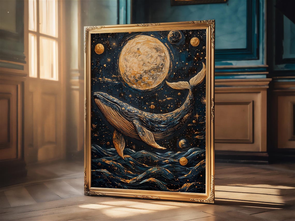 Flying Whale Under Full Moon Gold and Navy Starry Night Poster