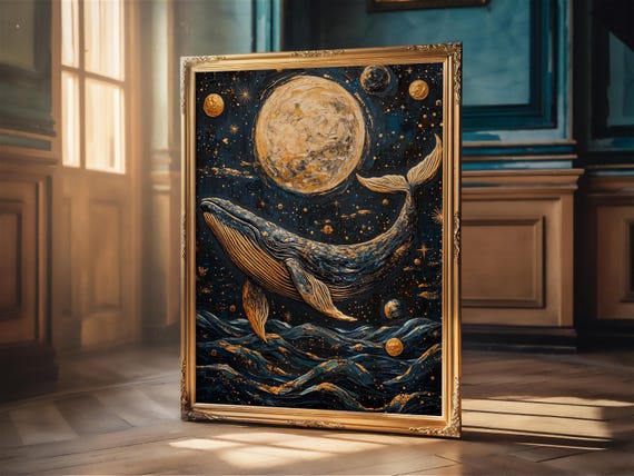 Whale Celestial Enchanting Oil Painting Poster Print Dark Moon Moody Wall Art Wall Decor Night Sky Ocean Lover Maximalist Gift Matte Poster