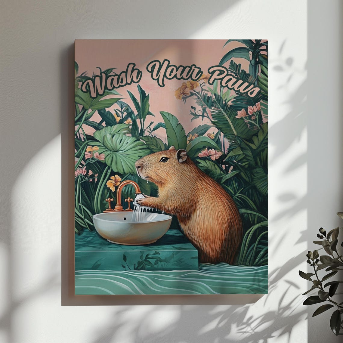 Funny Capybara Wash Your Paws At Sink Botanical Bathroom Wall Art - Image 3