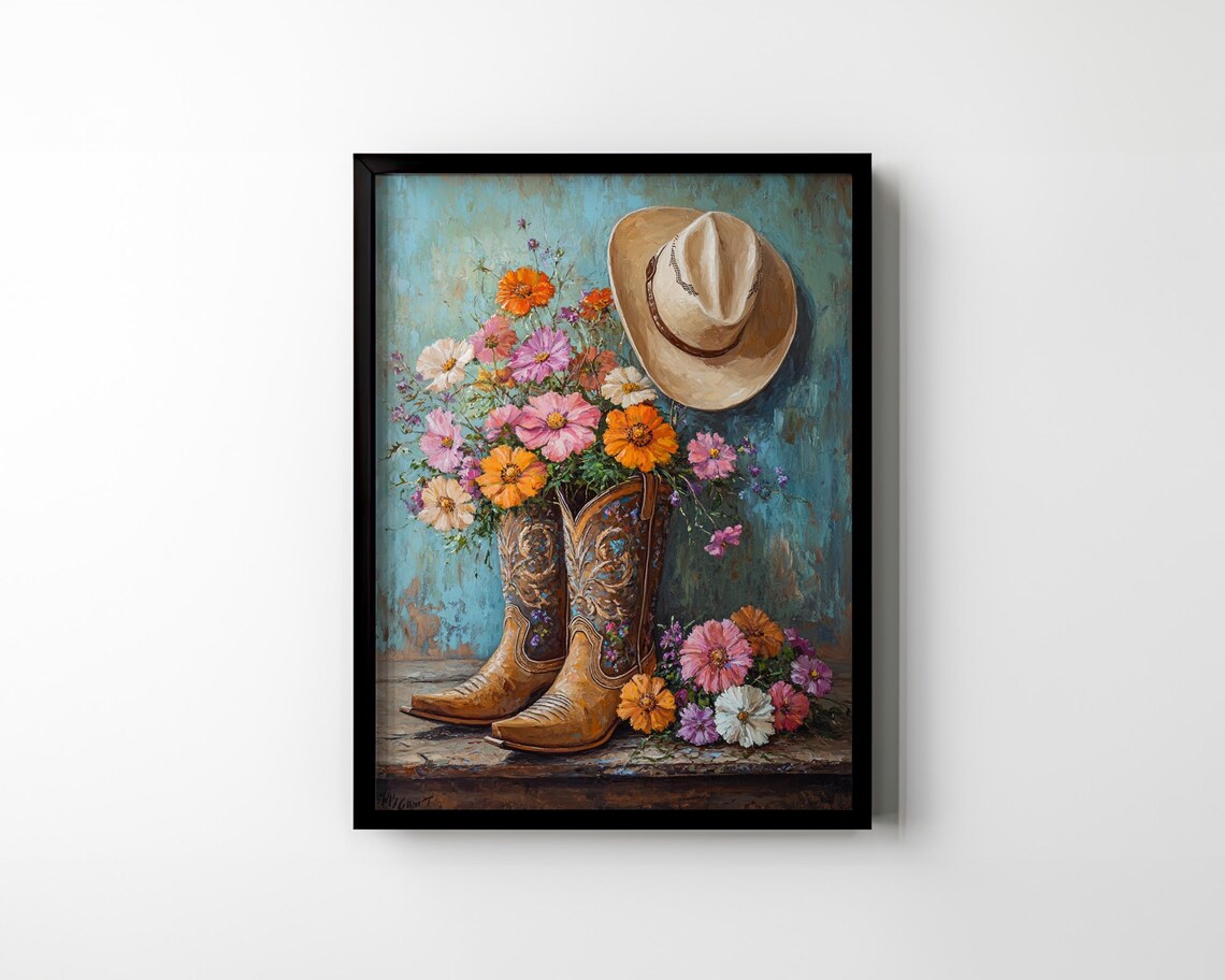Brown Cowboy Boots With Wildflowers And Hat Rustic Western Poster - Image 3