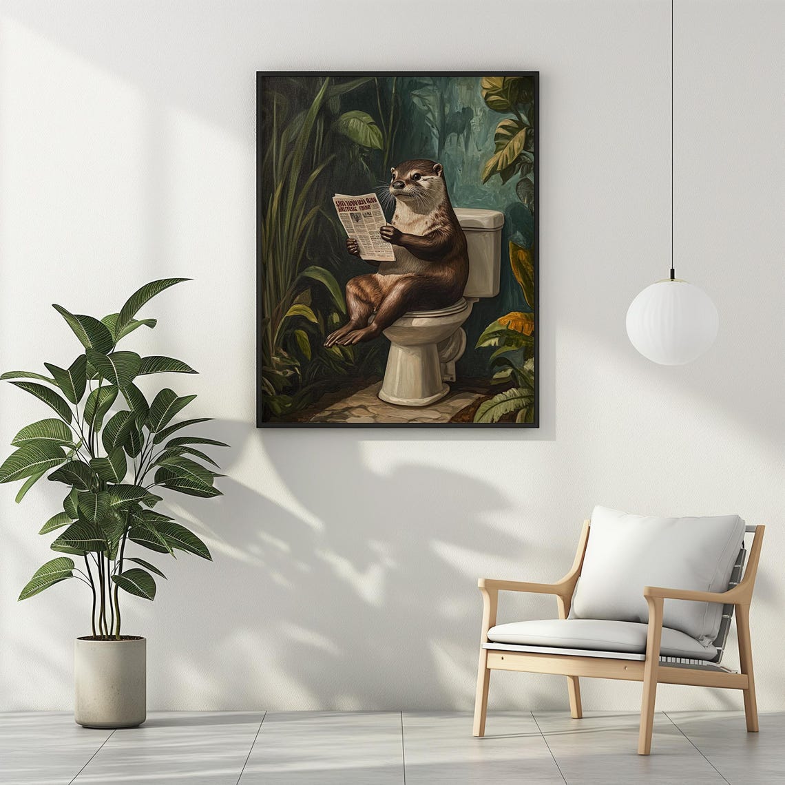 Funny Otter Sitting on Toilet Reading Newspaper Bathroom Humor Poster - Image 2