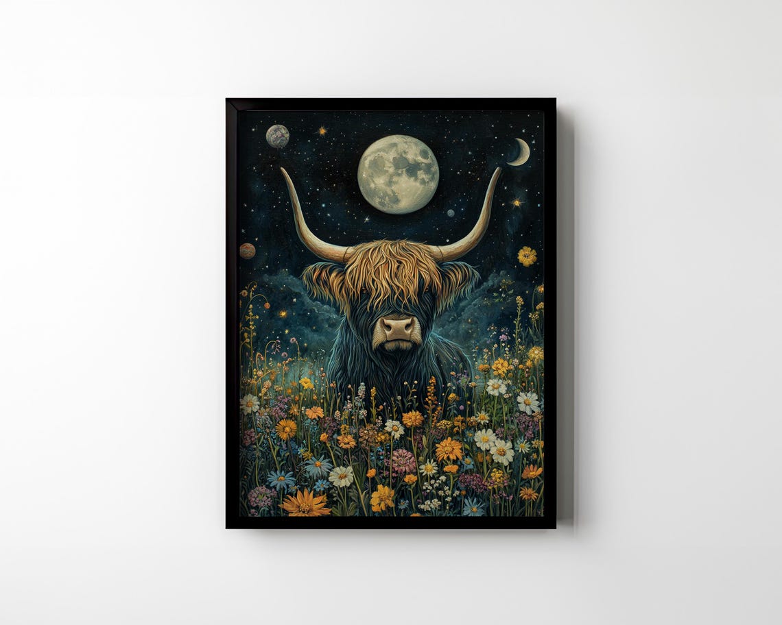 Highland Cow Standing in Moonlit Wildflower Meadow Night Poster - Image 2