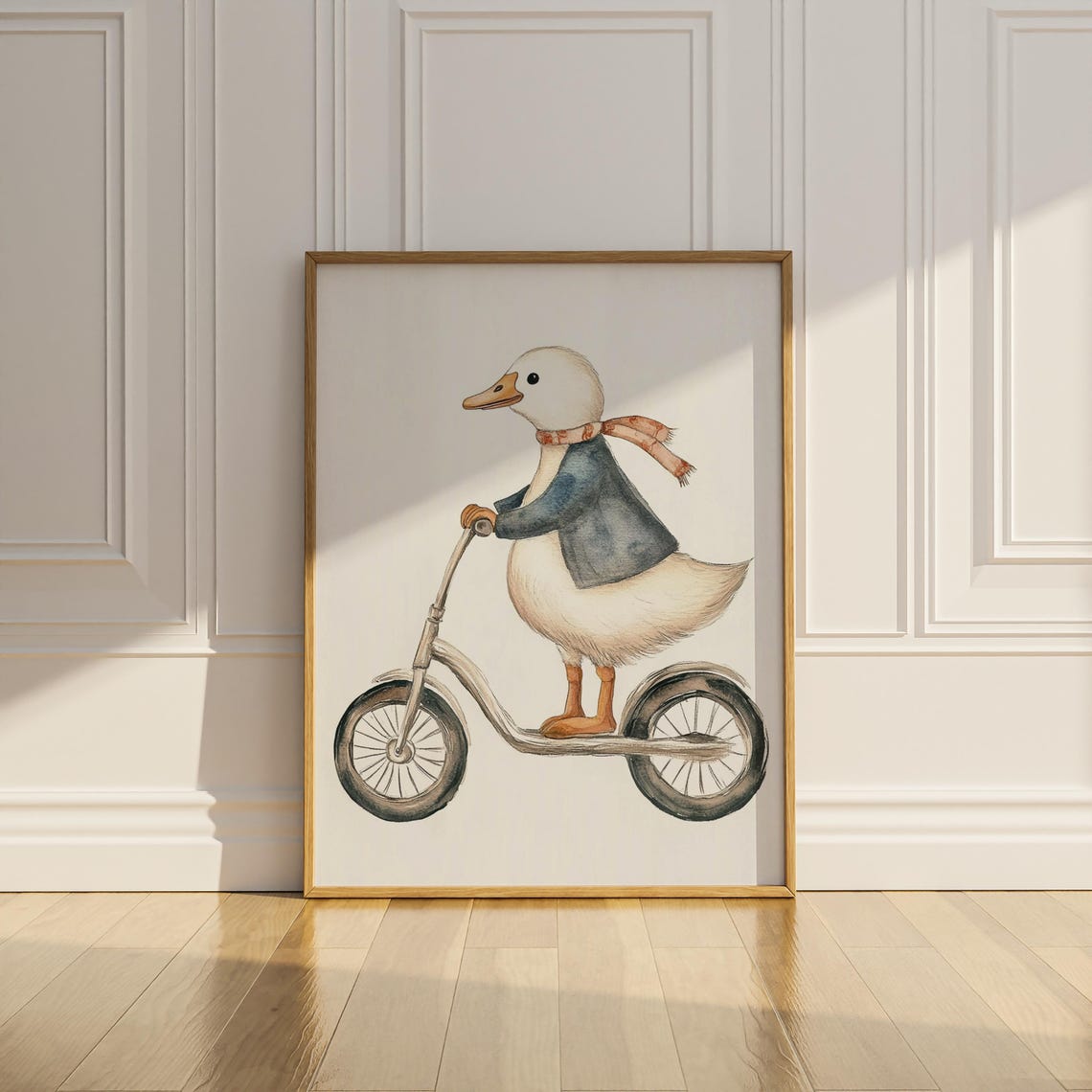 Duck In Blue Coat Riding Kick Scooter Watercolor Kids Room Art Poster - Image 3