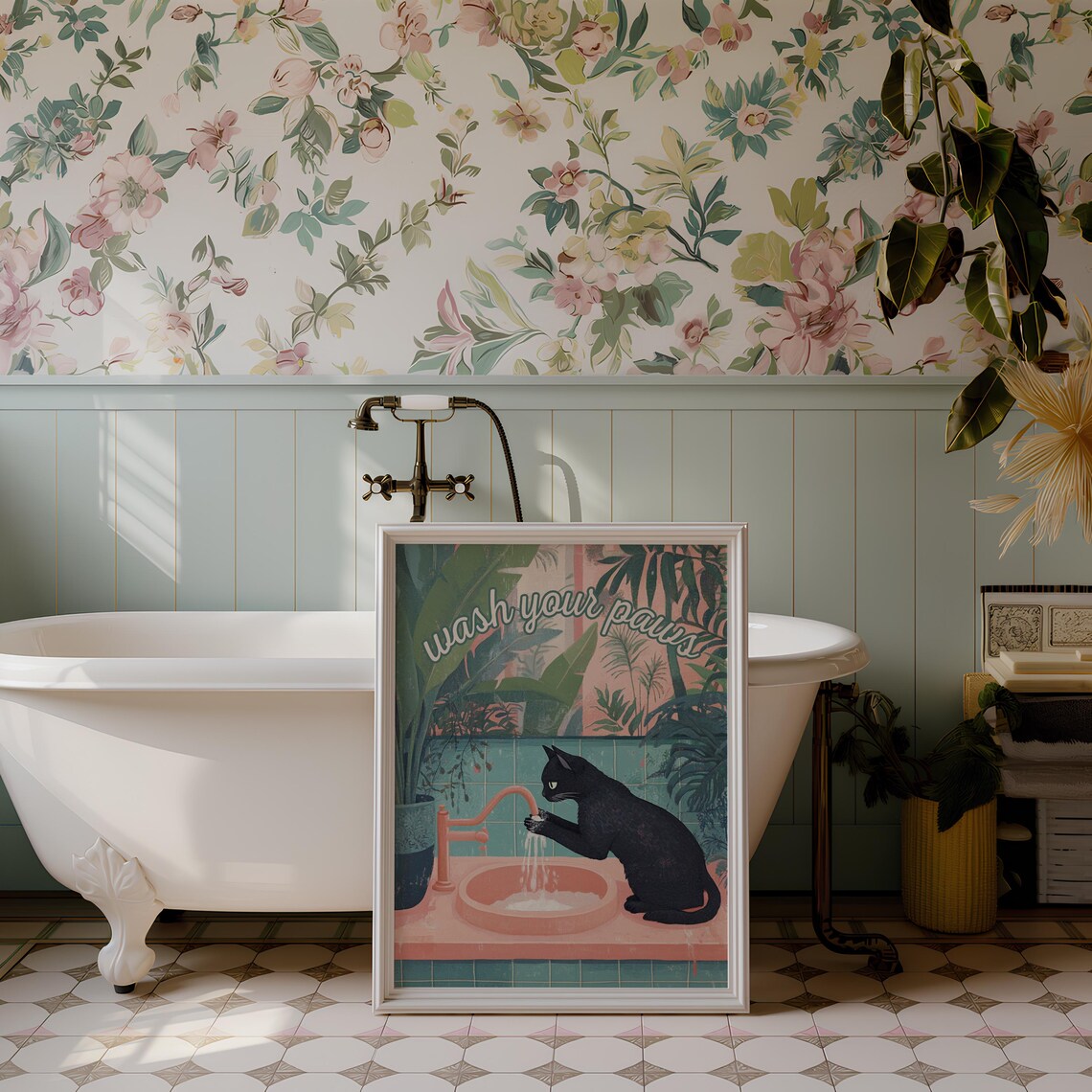 Wash Your Paws Black Cat Bathroom Poster - Image 2
