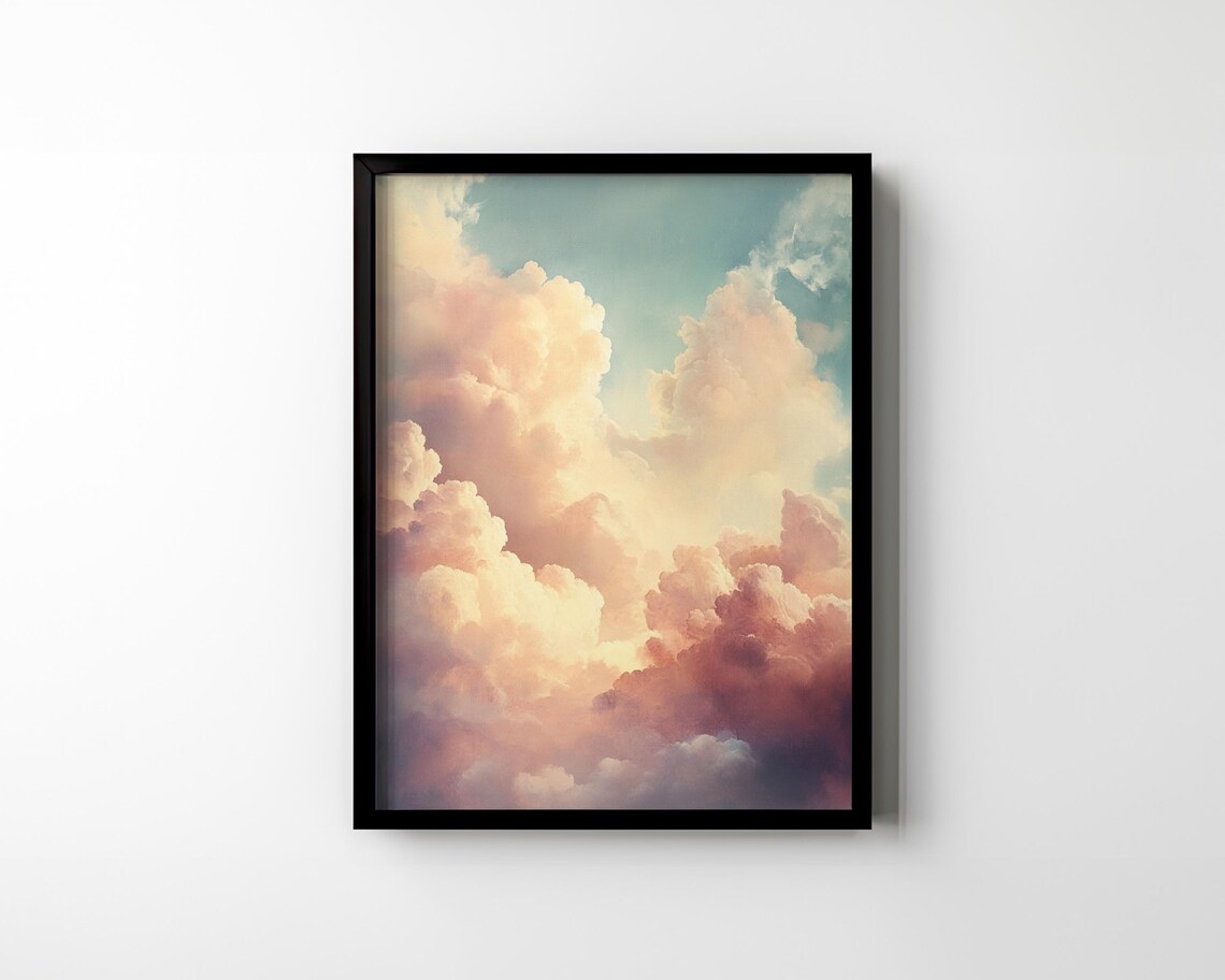 Dreamy Golden Clouds Teal Sky Nursery Bedroom Vintage Oil Poster - Image 2