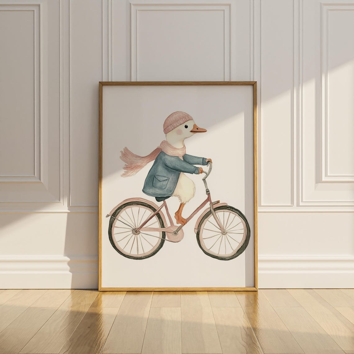 Duckling With Beanie Riding Pink Bicycle Watercolor Nursery Art Poster - Image 3