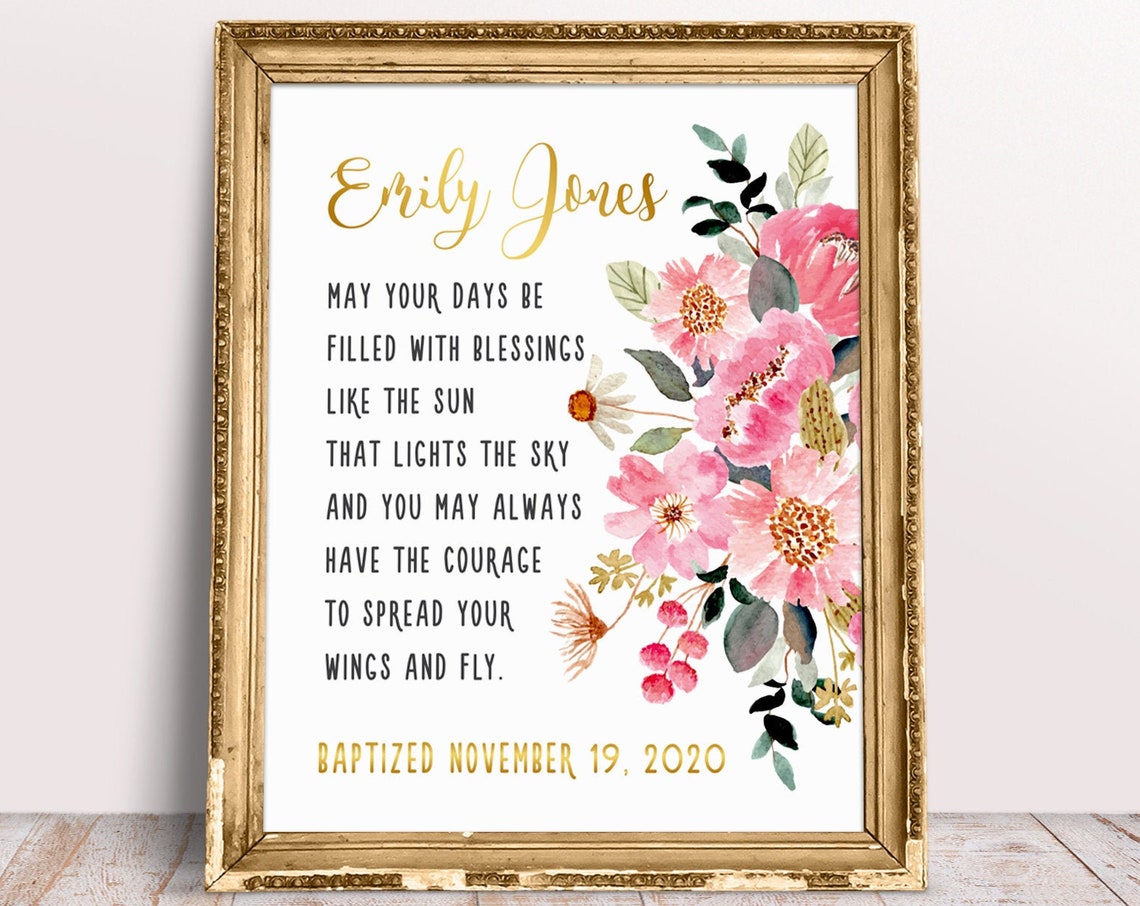 Personalized Baptism Gift Poster with Watercolor Flowers, Blessing for Girl - Image 3