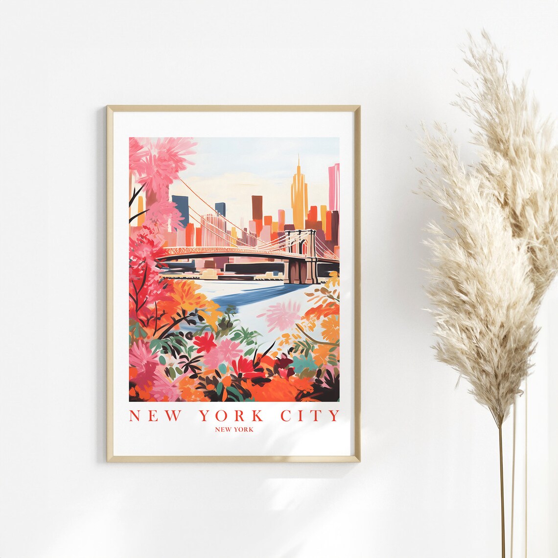 New York City Brooklyn Bridge Floral Skyline Manhattan Travel Poster