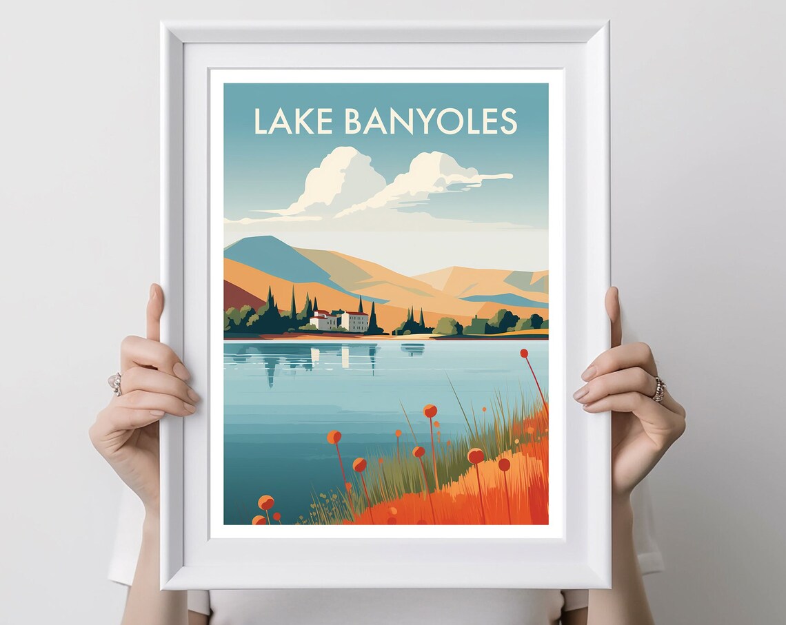 Lake Banyoles Spain Village Wildflowers Lakeside Travel Poster