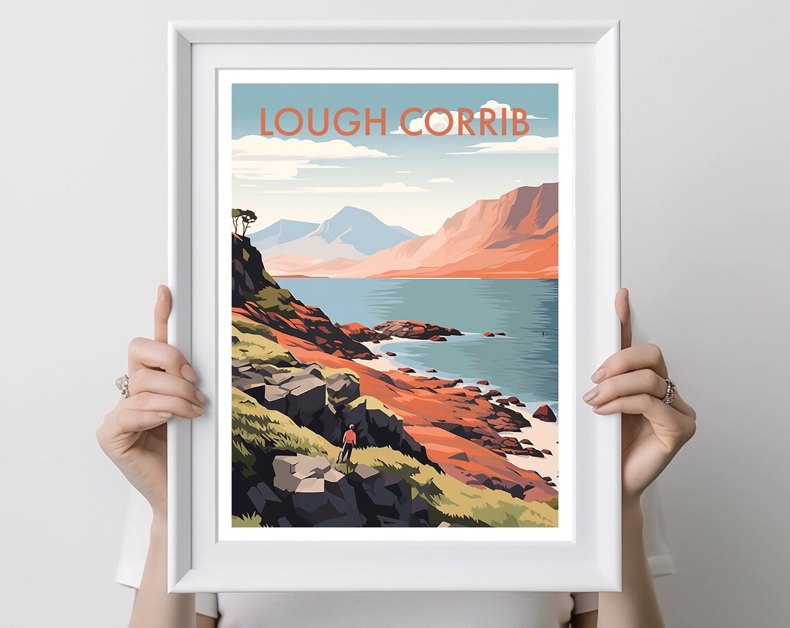 Lough Corrib Ireland Rocky Shore Hiker Mountains Travel Poster