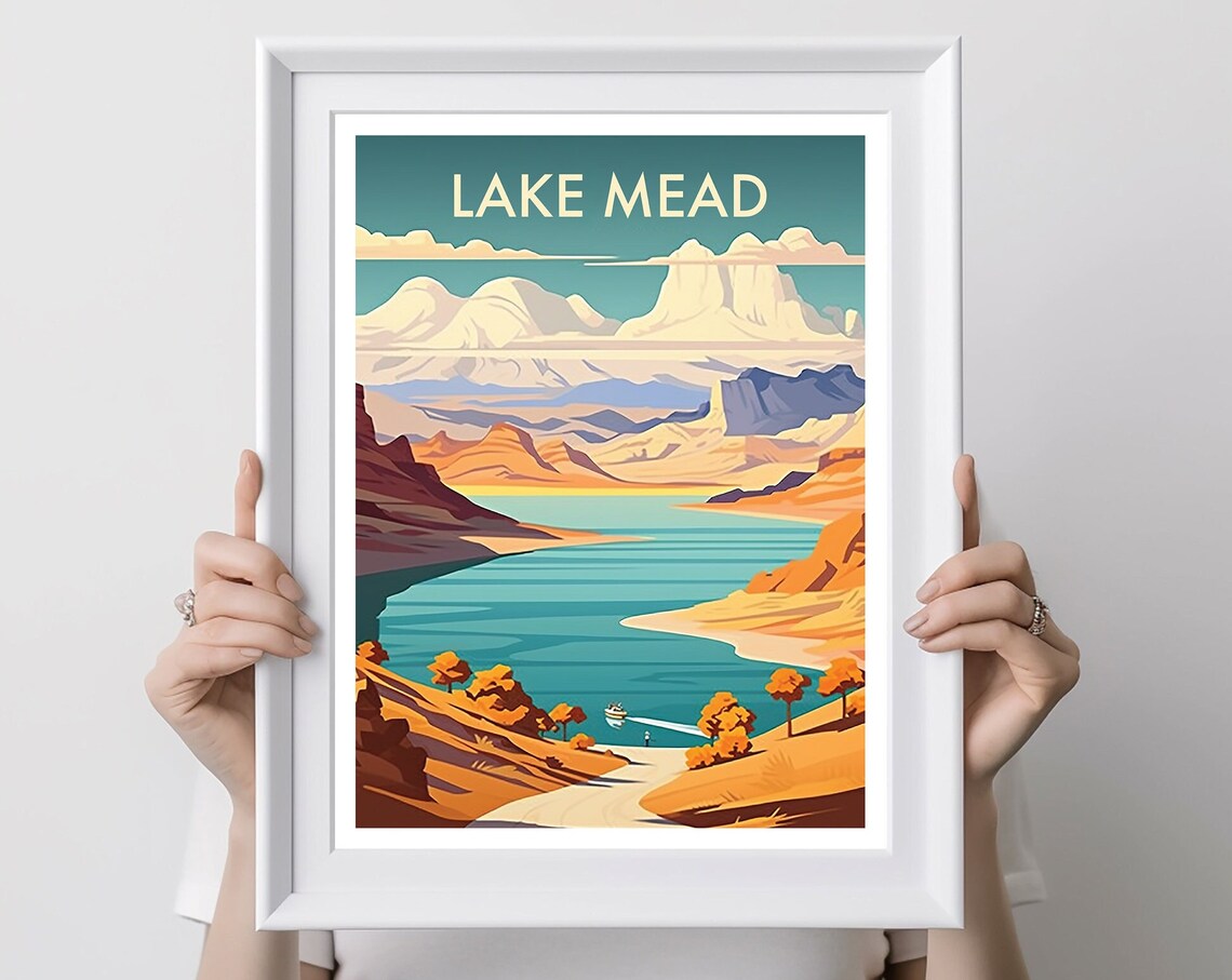 Lake Mead Desert Canyon Boat Turquoise Water Vintage Travel Poster