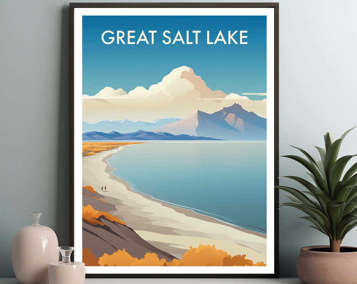 Great Salt Lake Utah Beach Mountains Calm Water Travel Poster