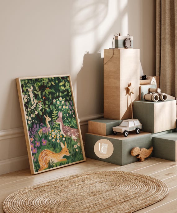 Nursery Wall Art Baby Deer Forest Animals Cute Gender Neutral Decor Canvas Print Duck Scandinavian Vintage Boy Girl Safari