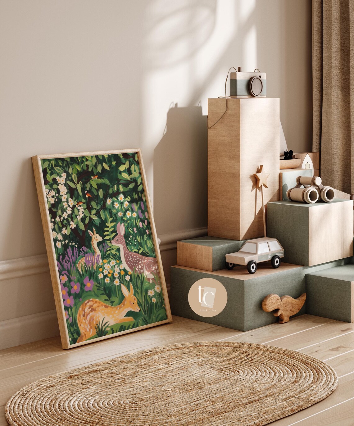 Cute Baby Deer Fawn Nursery Poster in a Blooming Forest Flower Garden