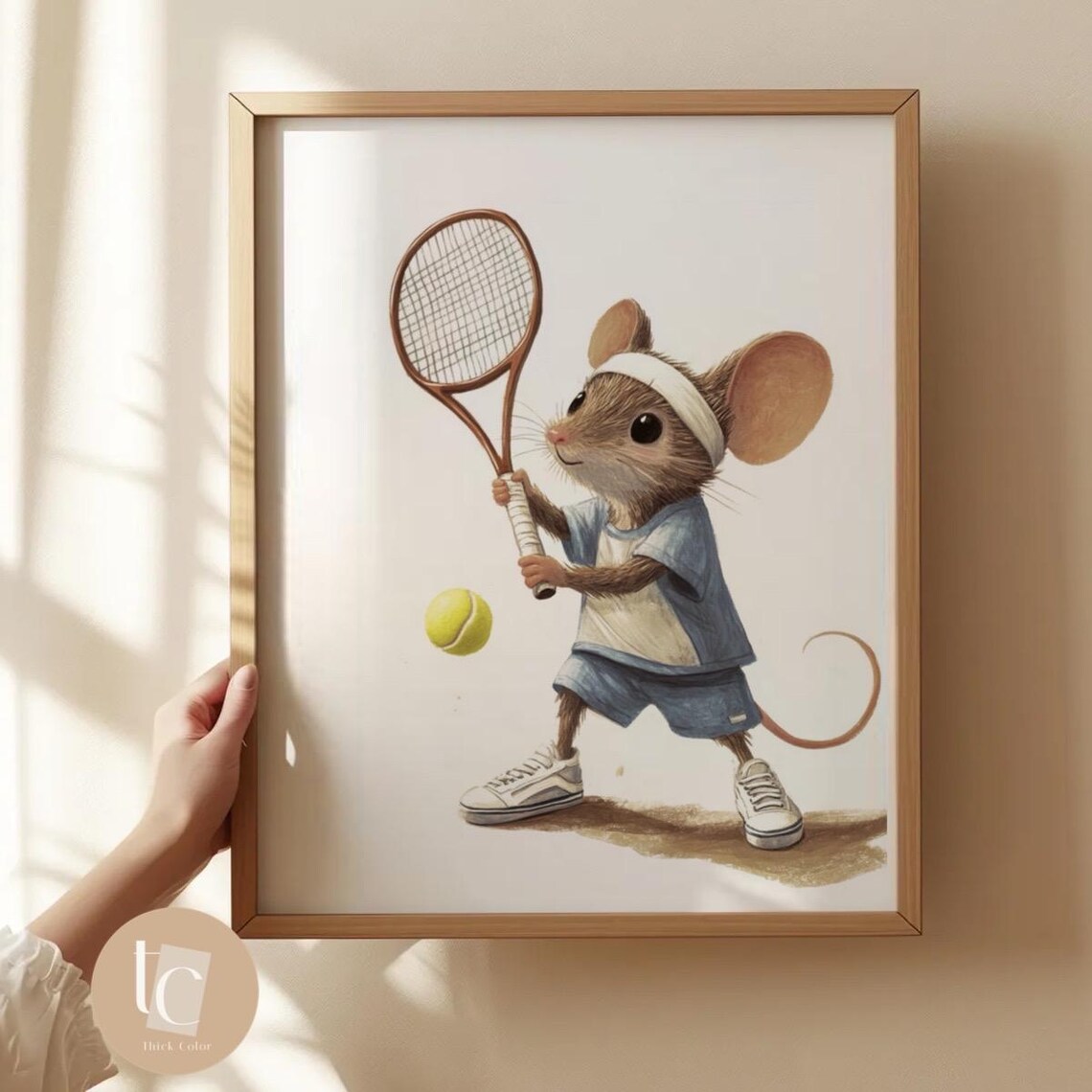 Cool Mouse Playing Tennis Retro Kids Nursery Wall Art Playful Childrens Decor Whimsical Animal
